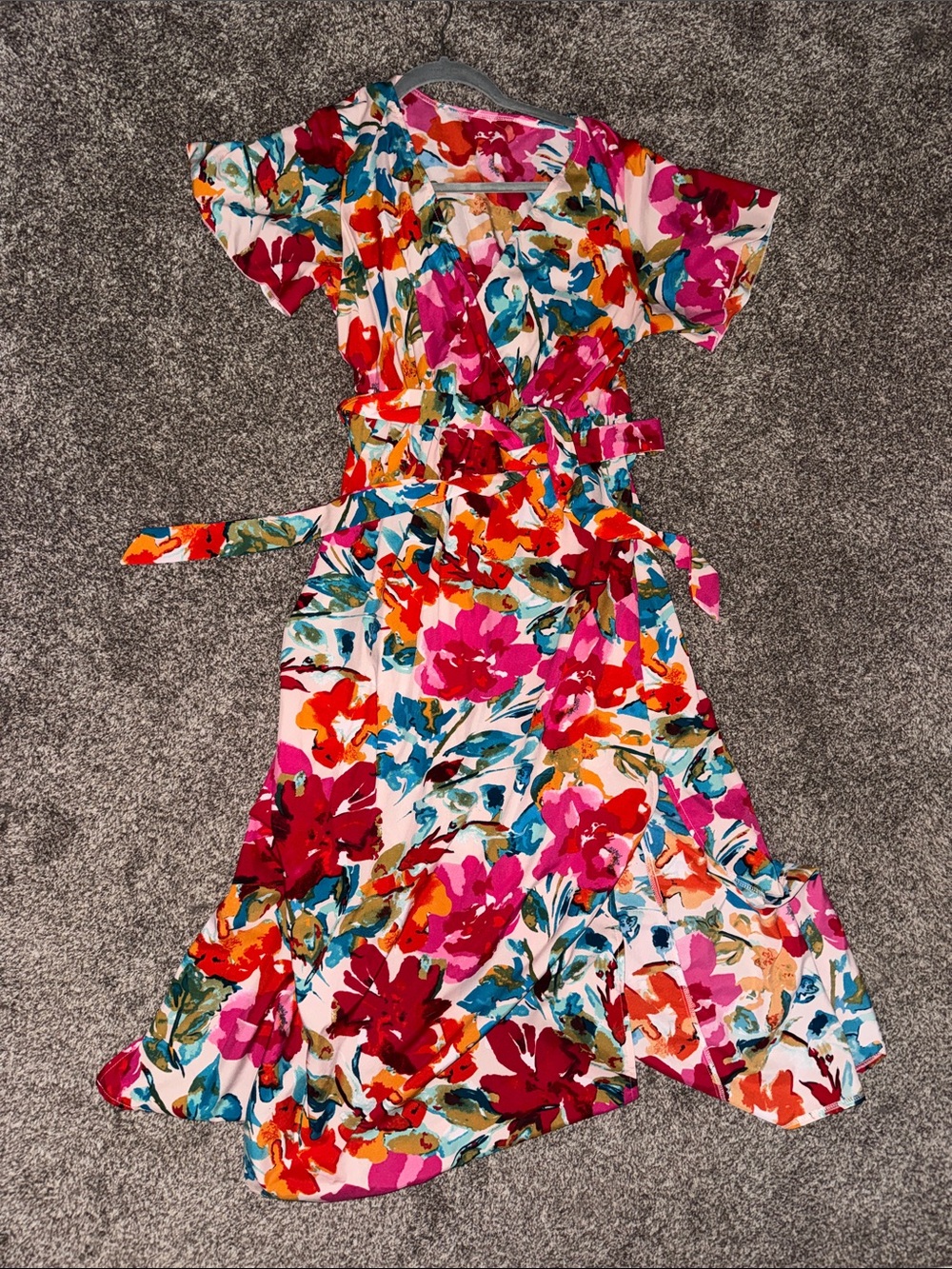 SHEIN Multicolor Floral Wrap Midi Dress - Pink Red Blue Orange